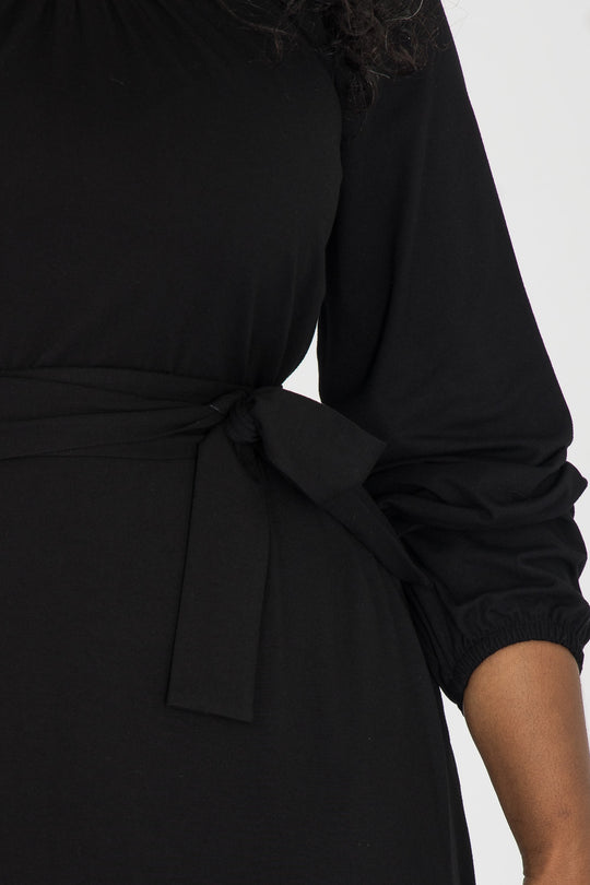 A-lined belted midi jersey dress - Black