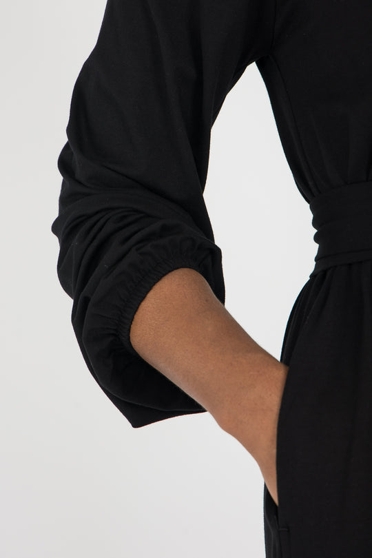 A-lined belted midi jersey dress - Black