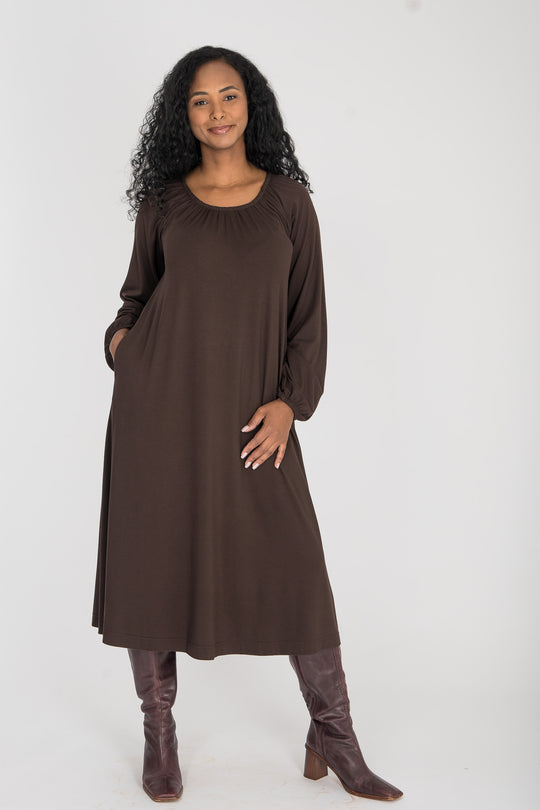 A-lined belted midi jersey dress - Chocolate brown