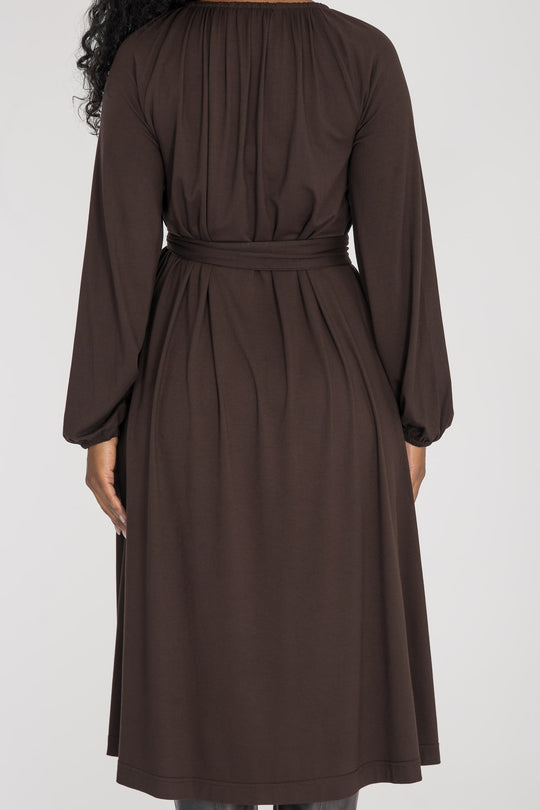 A-lined belted midi jersey dress - Chocolate brown