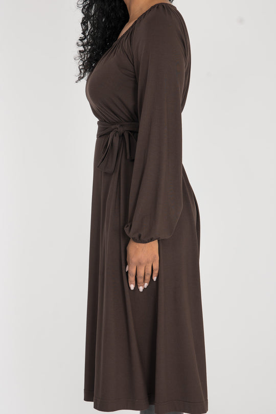 A-lined belted midi jersey dress - Chocolate brown
