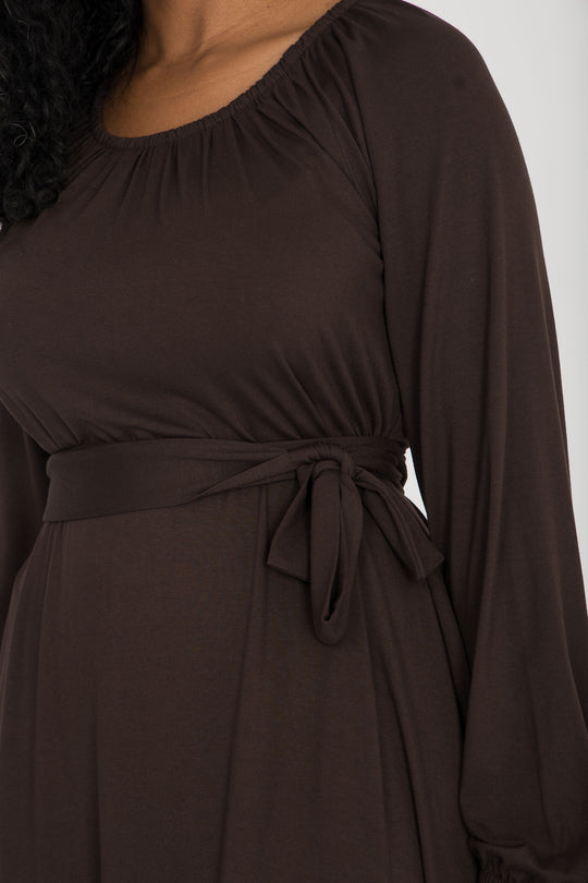 A-lined belted midi jersey dress - Chocolate brown
