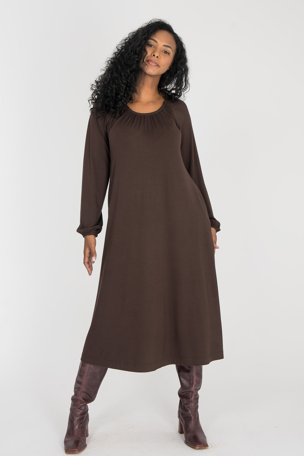 A-lined belted midi jersey dress - Chocolate brown