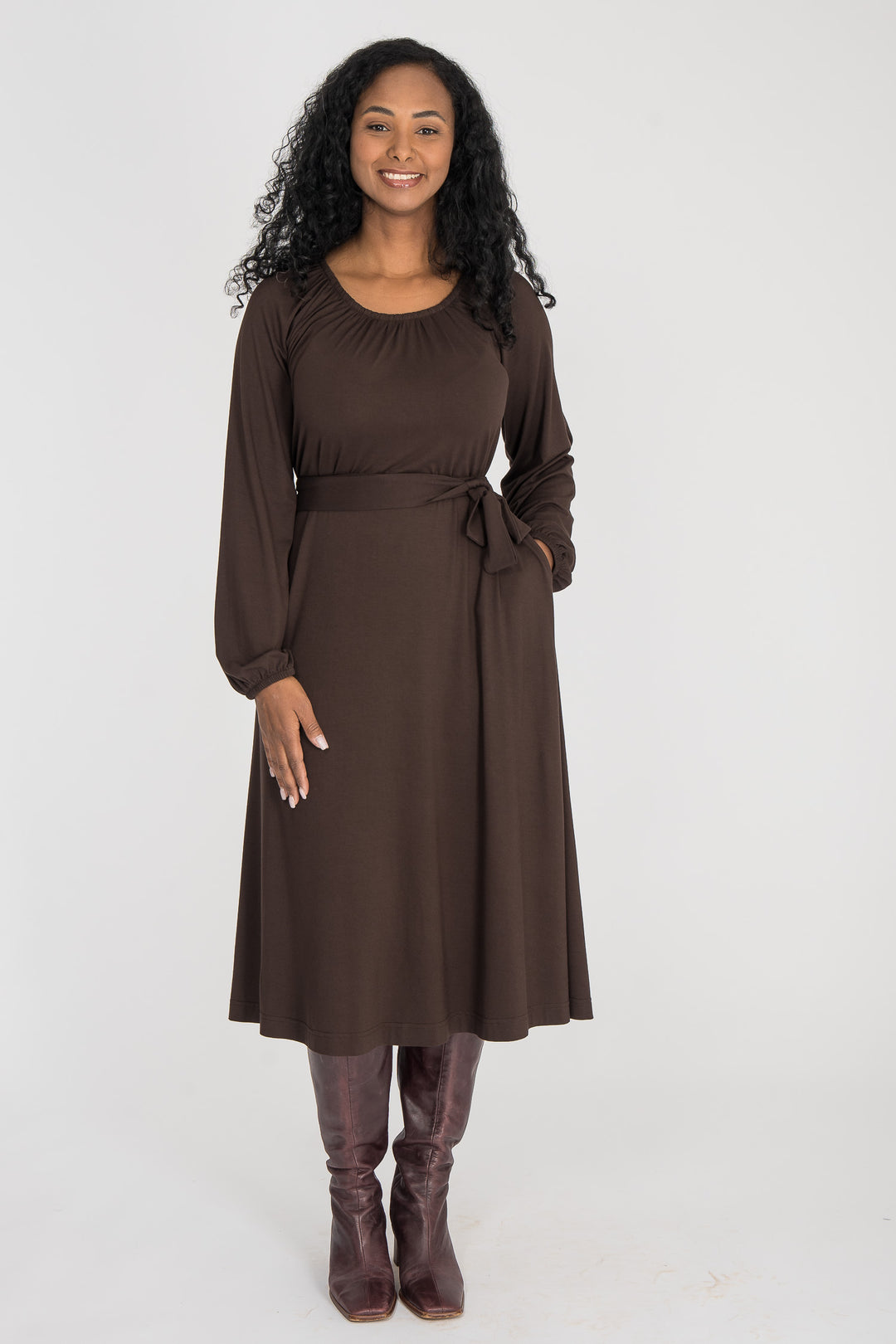 A-lined belted midi jersey dress - Chocolate brown