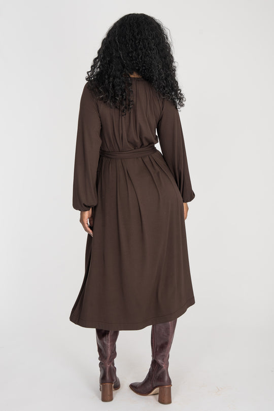 A-lined belted midi jersey dress - Chocolate brown