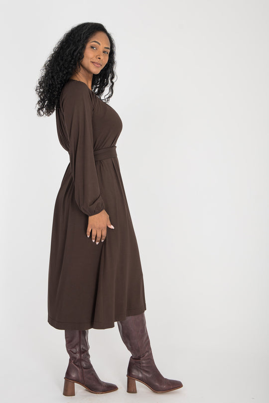 A-lined belted midi jersey dress - Chocolate brown