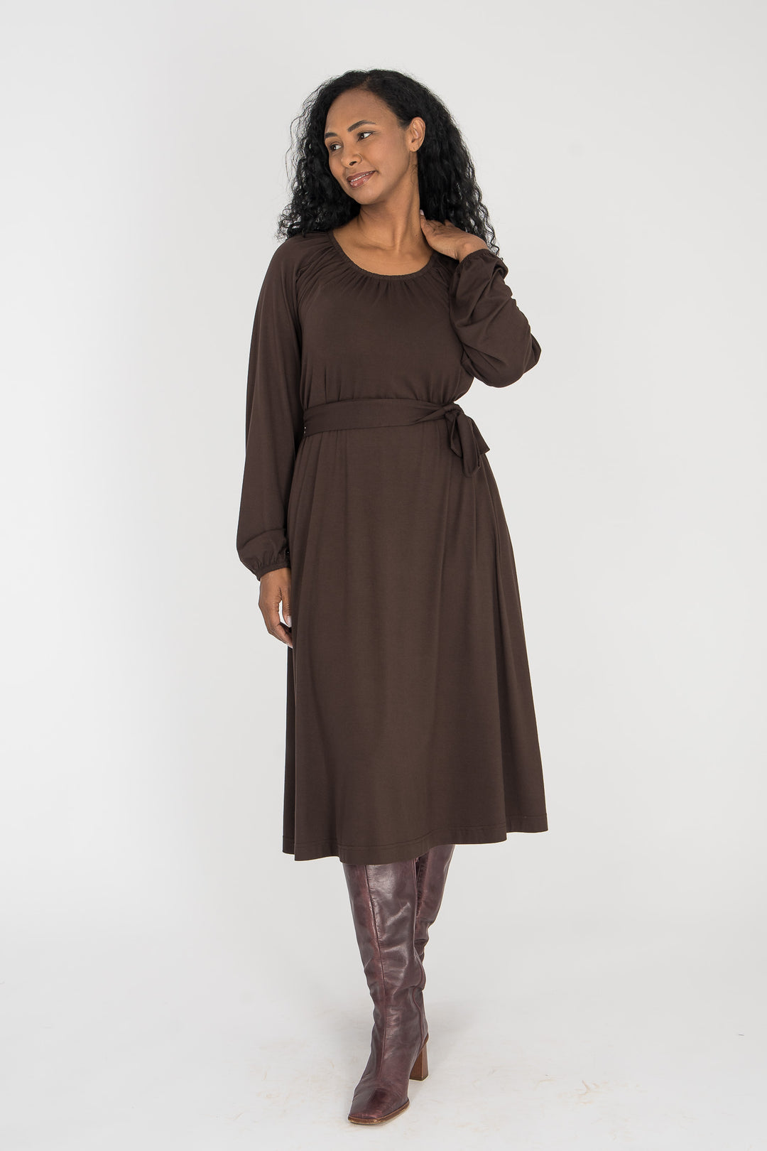 A-lined belted midi jersey dress - Chocolate brown