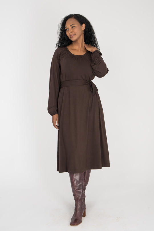 A-lined belted midi jersey dress - Chocolate brown