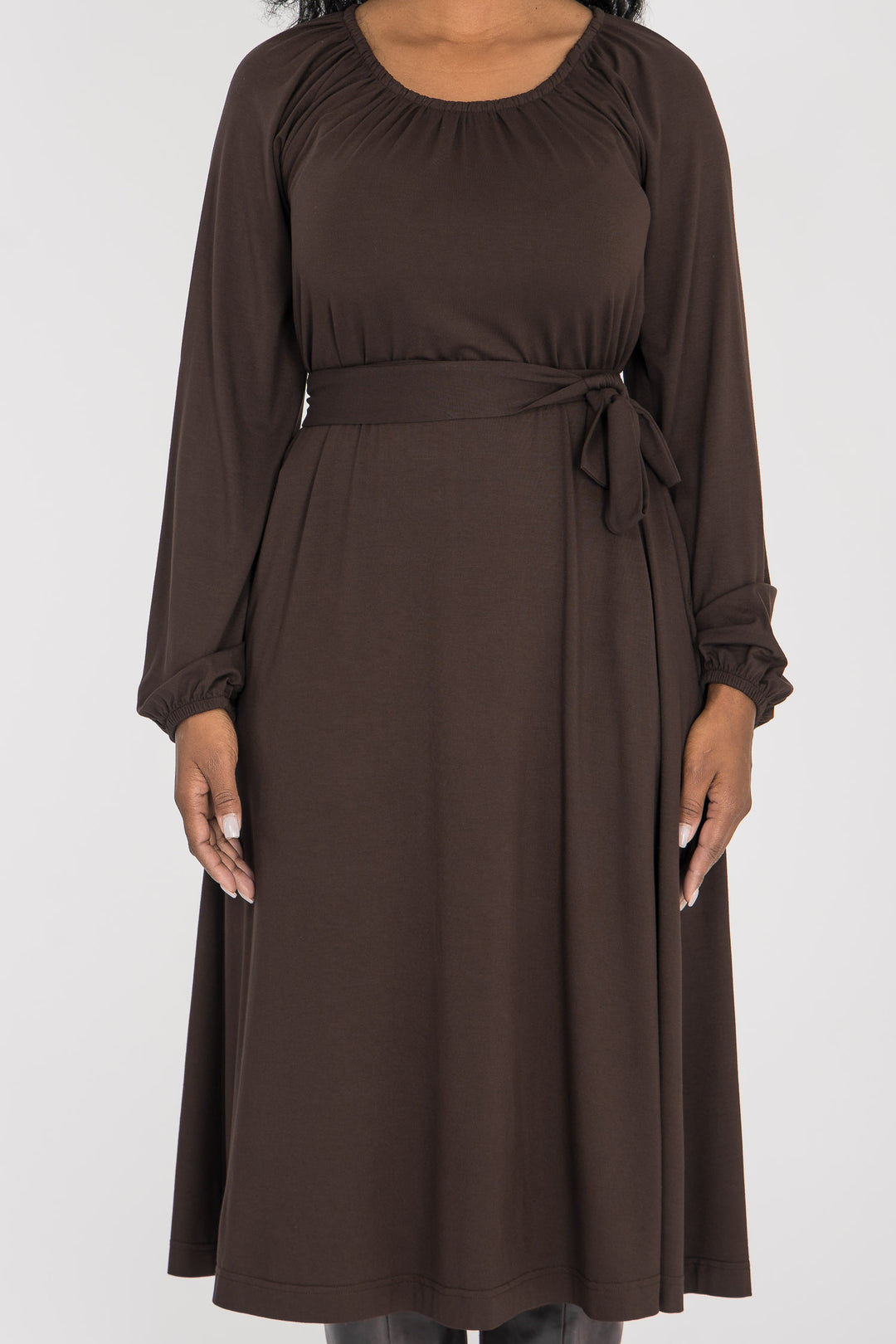 A-lined belted midi jersey dress - Chocolate brown
