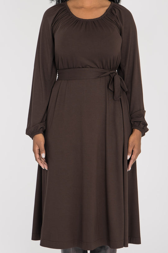 A-lined belted midi jersey dress - Chocolate brown