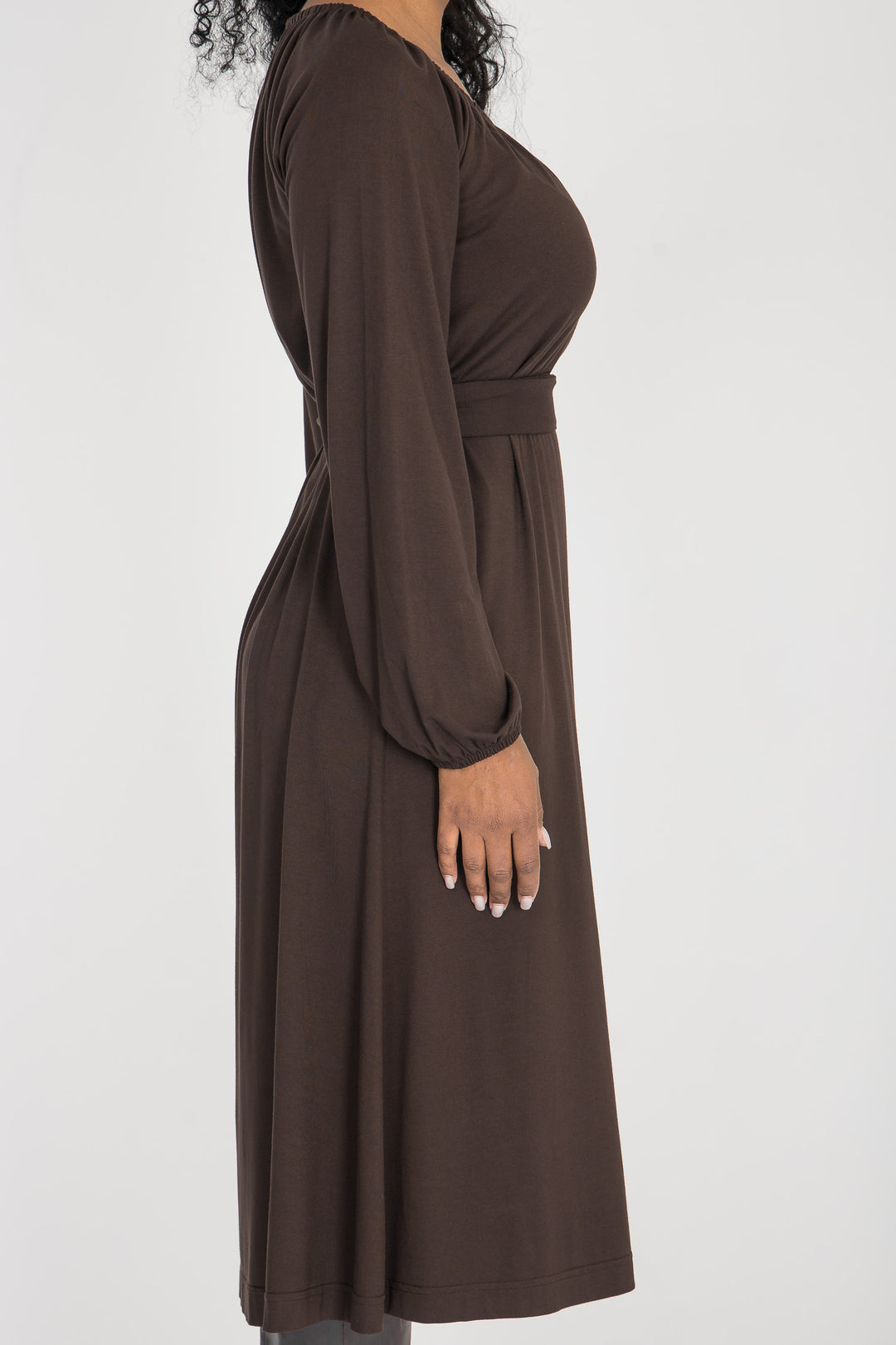 A-lined belted midi jersey dress - Chocolate brown