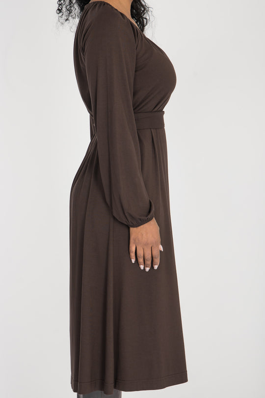 A-lined belted midi jersey dress - Chocolate brown