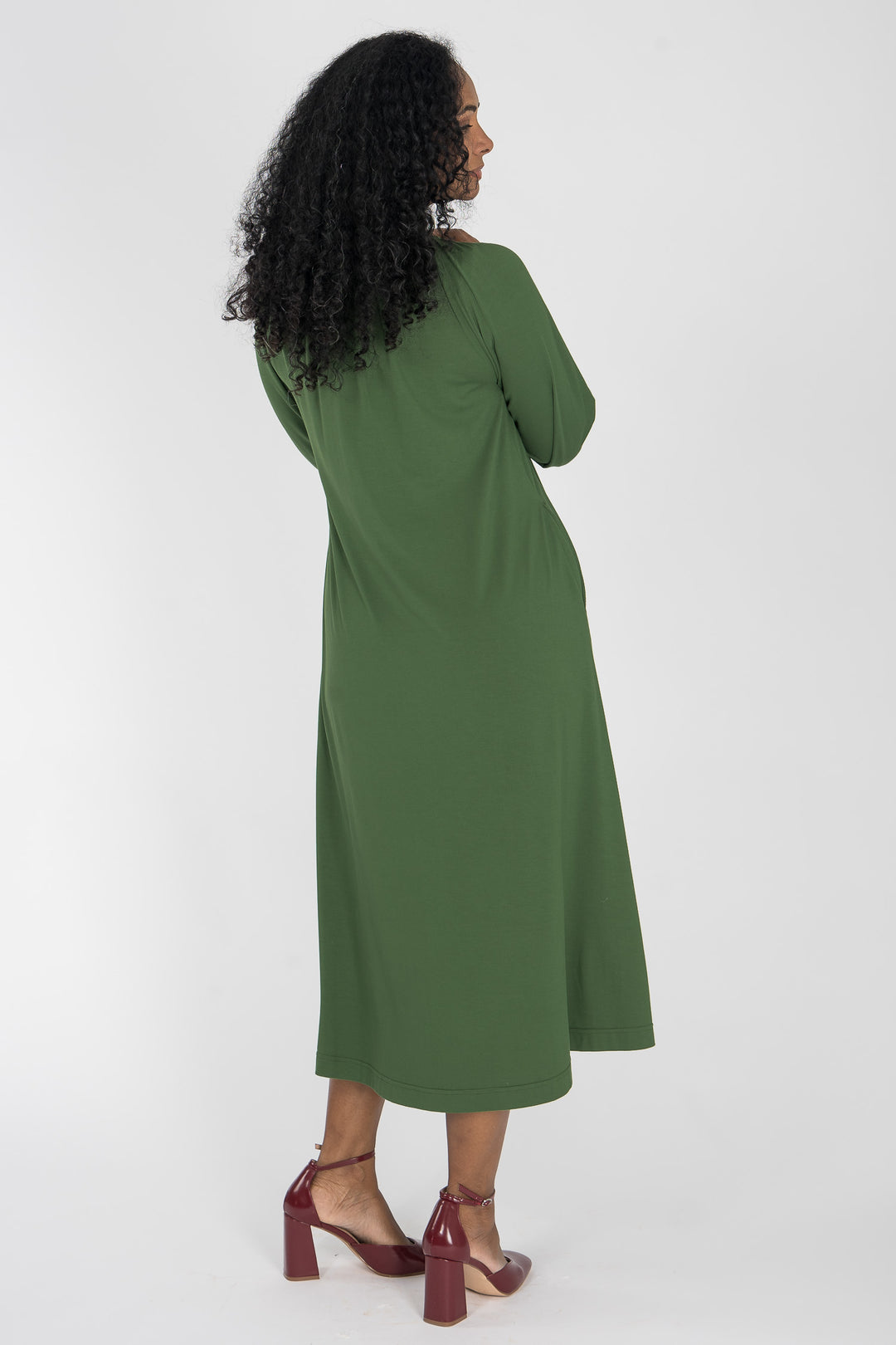 A-lined belted midi jersey dress - Forrest green