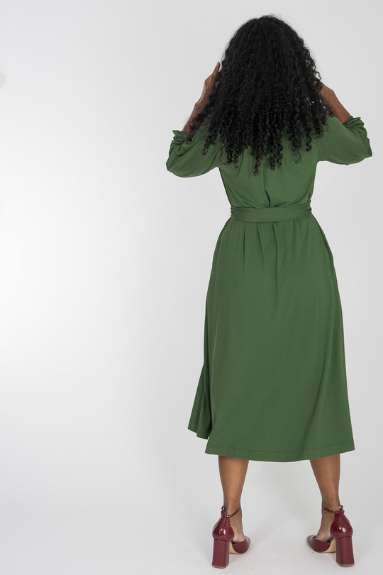 A-lined belted midi jersey dress - Forrest green
