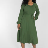 A-lined belted midi jersey dress - Forrest green