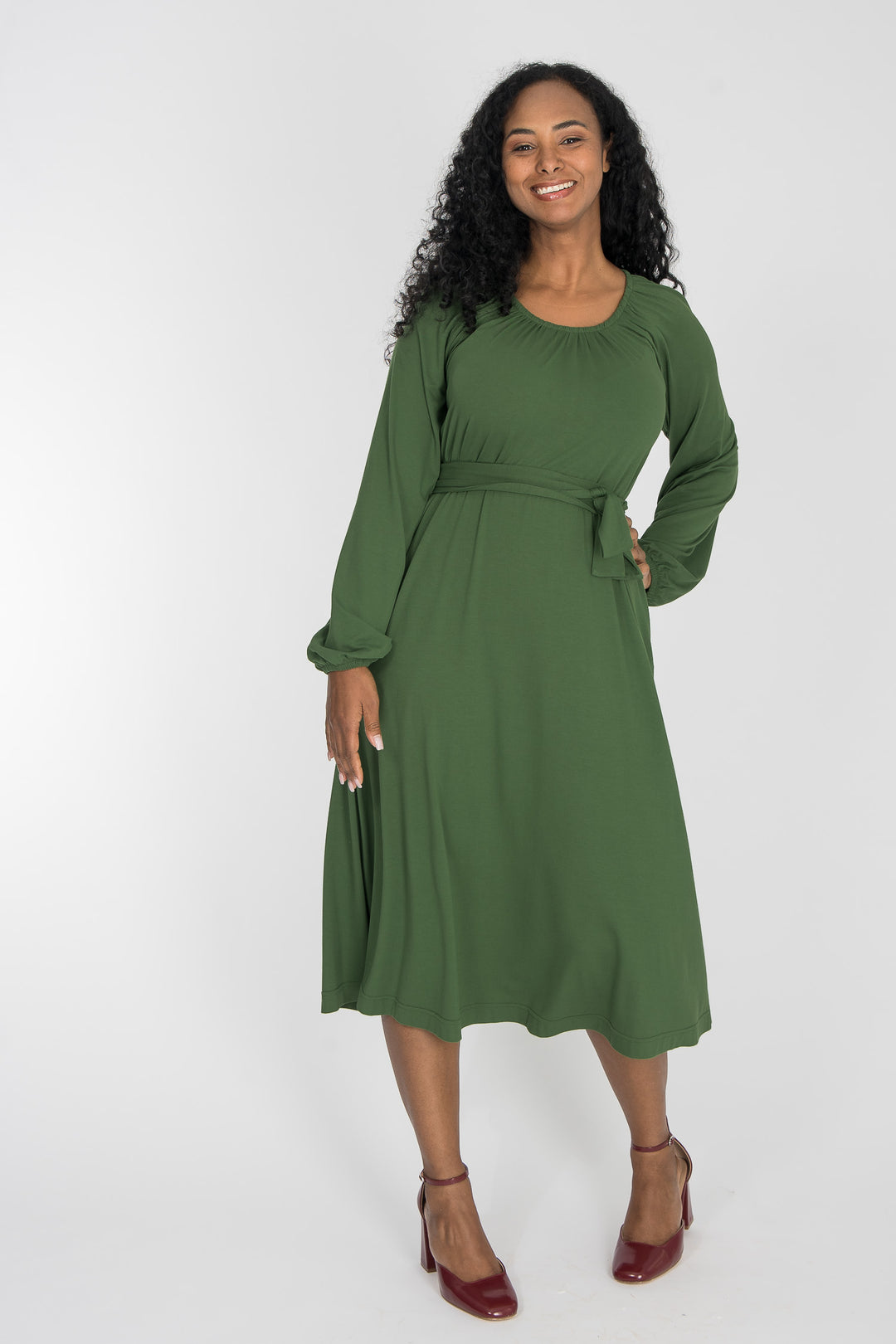 A-lined belted midi jersey dress - Forrest green