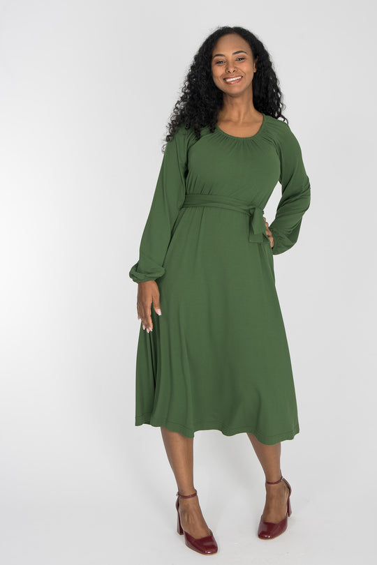 A-lined belted midi jersey dress - Forrest green