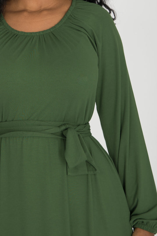 A-lined belted midi jersey dress - Forrest green