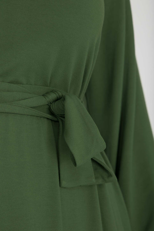 A-lined belted midi jersey dress - Forrest green