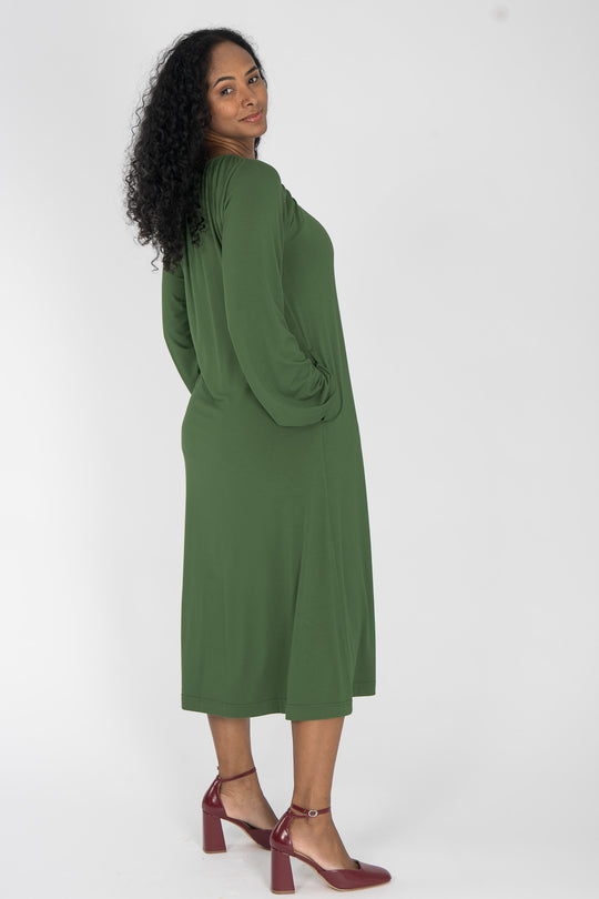 A-lined belted midi jersey dress - Forrest green