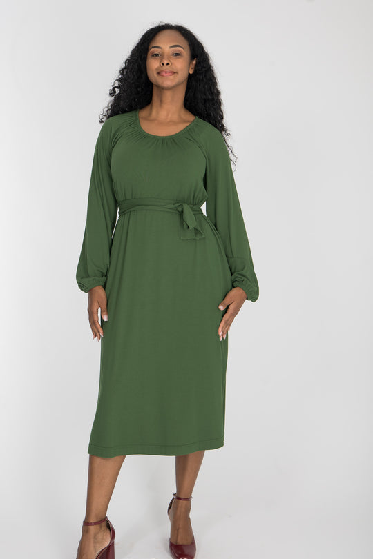 A-lined belted midi jersey dress - Forrest green