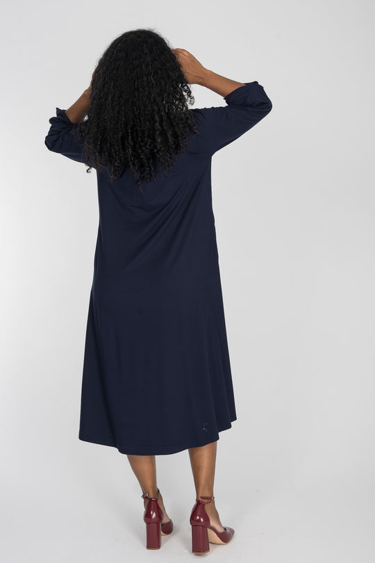 A-lined belted midi jersey dress - Navy