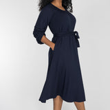 A-lined belted midi jersey dress - Navy