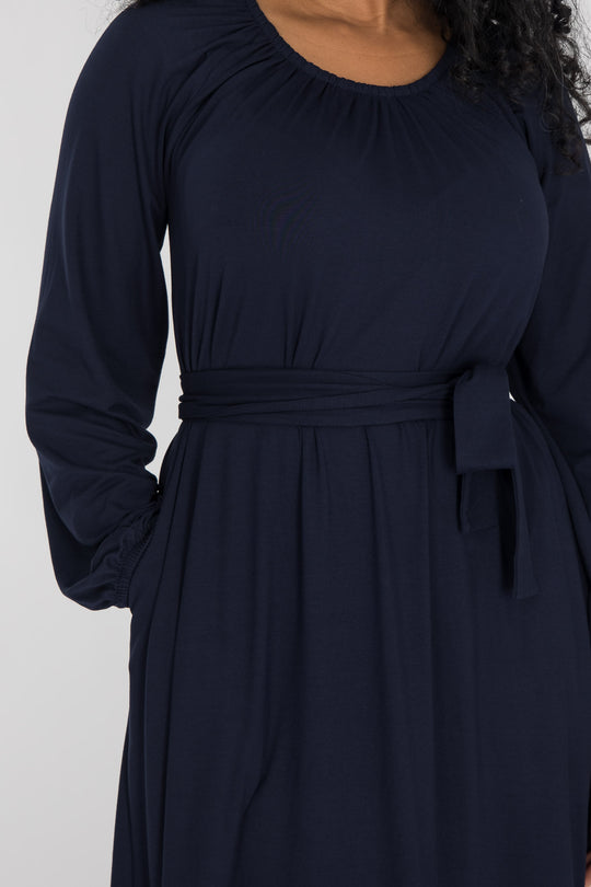 A-lined belted midi jersey dress - Navy