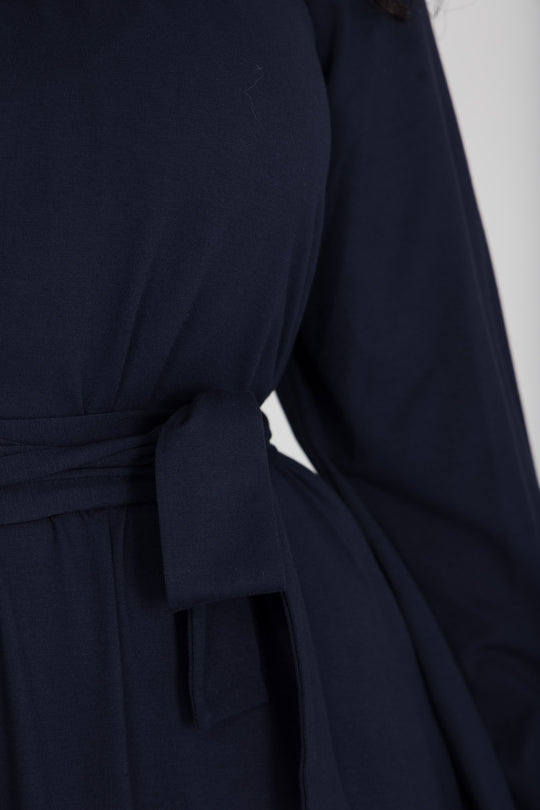 A-lined belted midi jersey dress - Navy