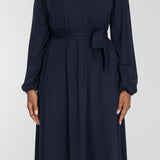 A-lined belted midi jersey dress - Navy