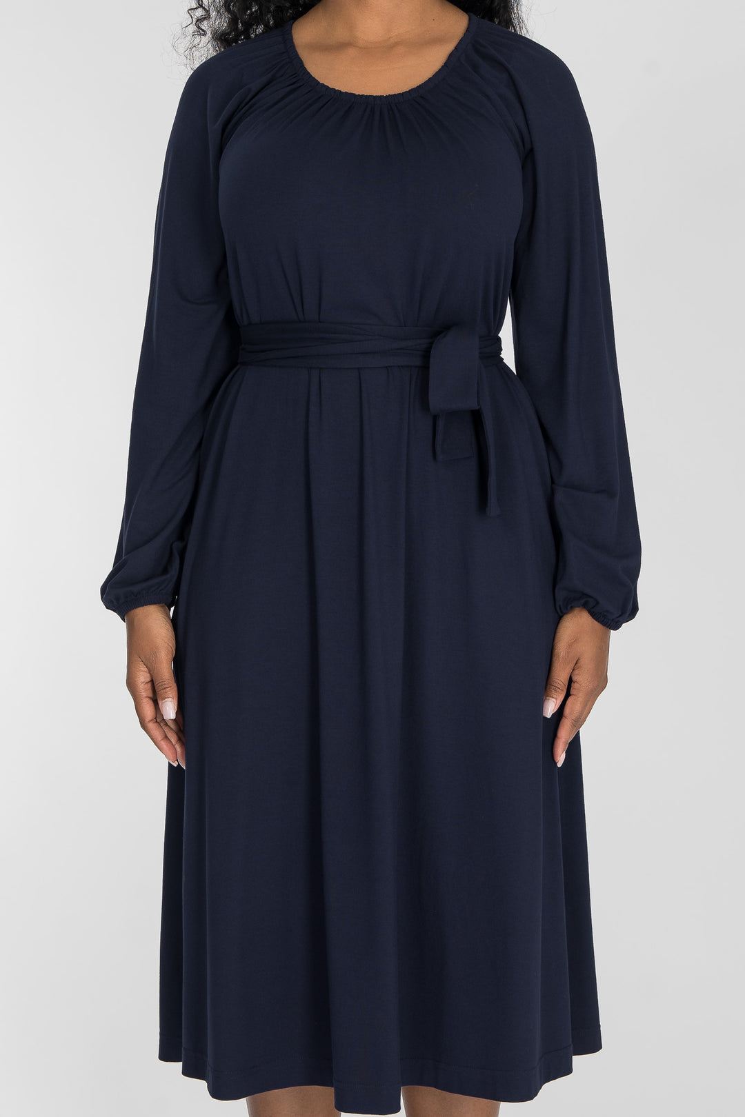 A-lined belted midi jersey dress - Navy