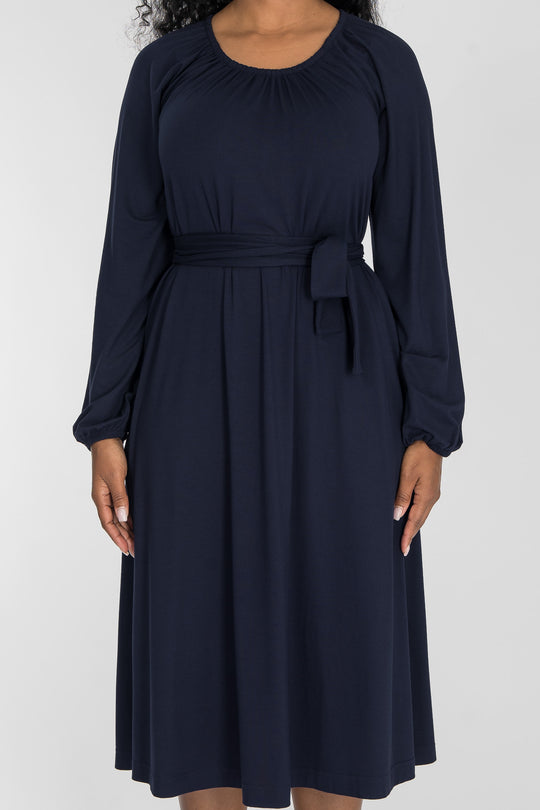 A-lined belted midi jersey dress - Navy