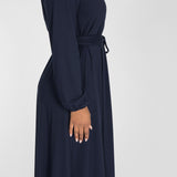 A-lined belted midi jersey dress - Navy