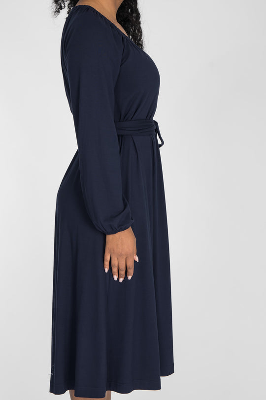 A-lined belted midi jersey dress - Navy