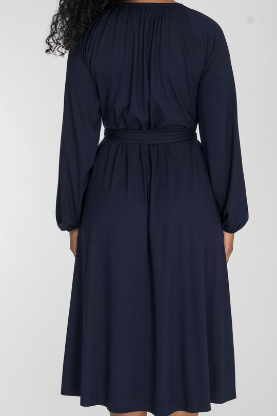 A-lined belted midi jersey dress - Navy