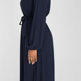 A-lined belted midi jersey dress - Navy