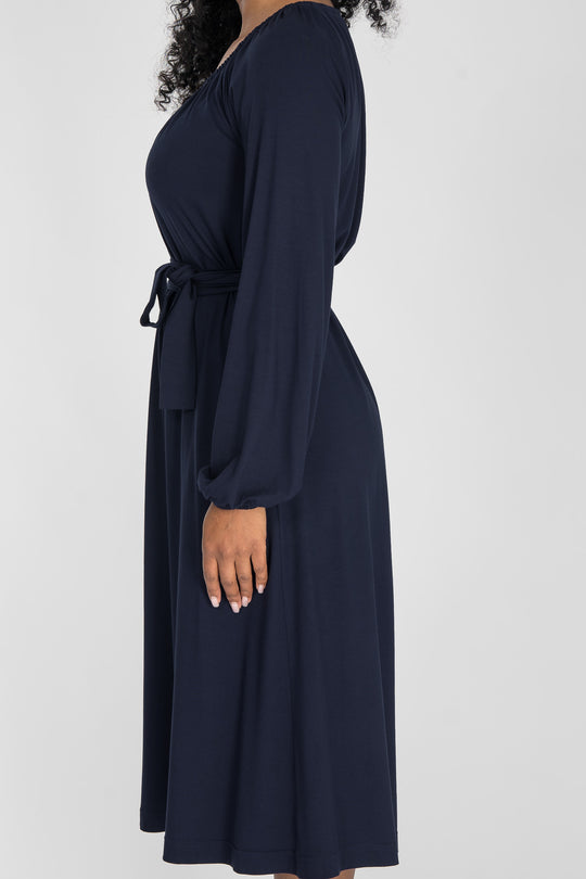 A-lined belted midi jersey dress - Navy