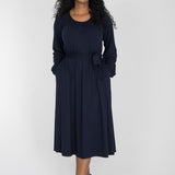 A-lined belted midi jersey dress - Navy