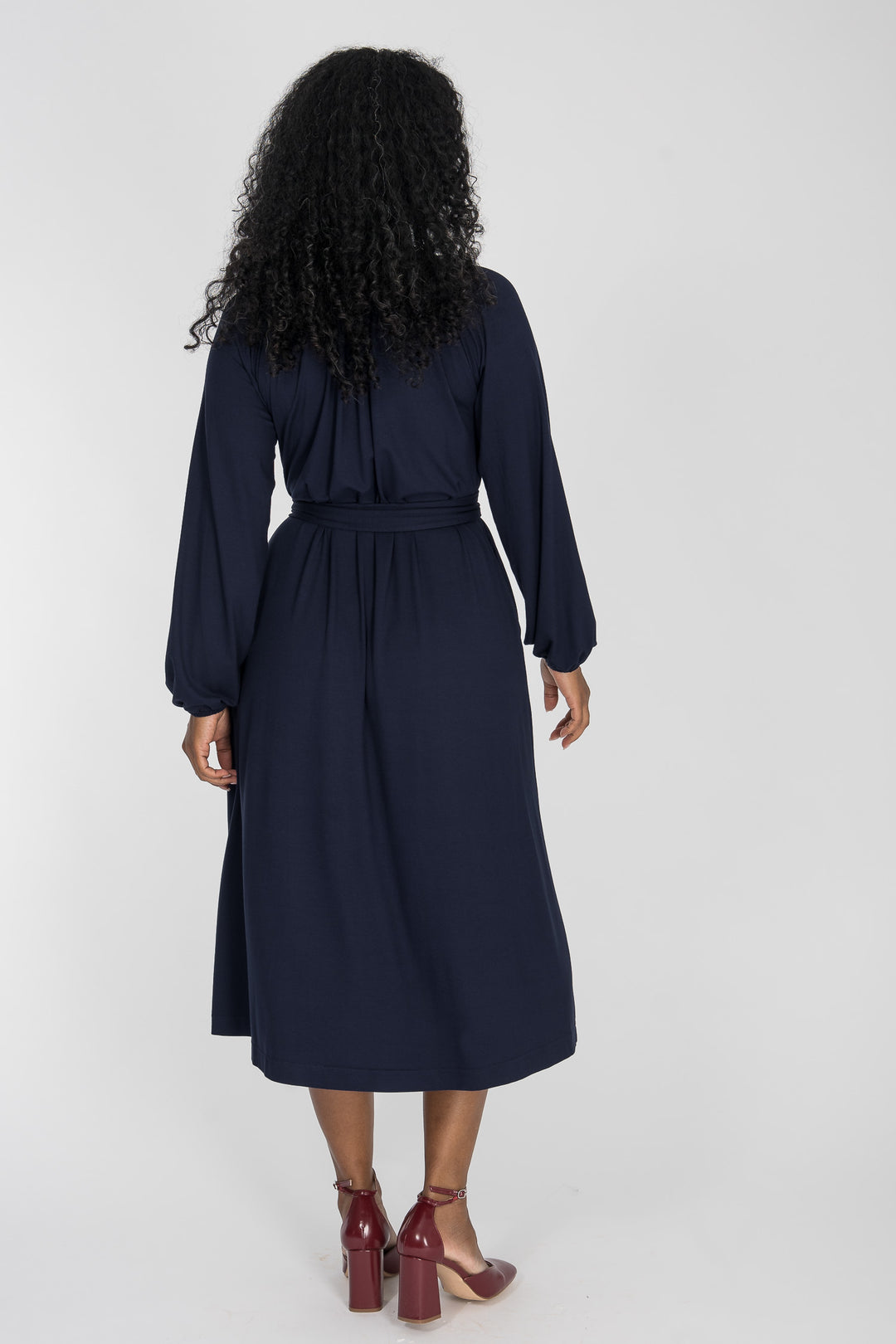 A-lined belted midi jersey dress - Navy