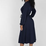A-lined belted midi jersey dress - Navy