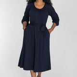 A-lined belted midi jersey dress - Navy