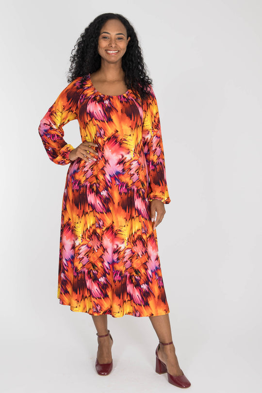 A-lined belted midi jersey dress - Pink-orange