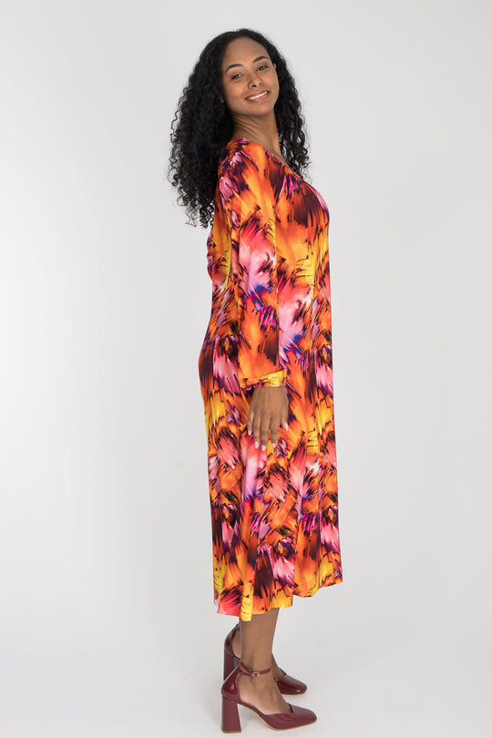 A-lined belted midi jersey dress - Pink-orange