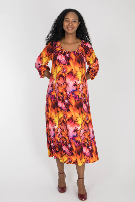 A-lined belted midi jersey dress - Pink-orange