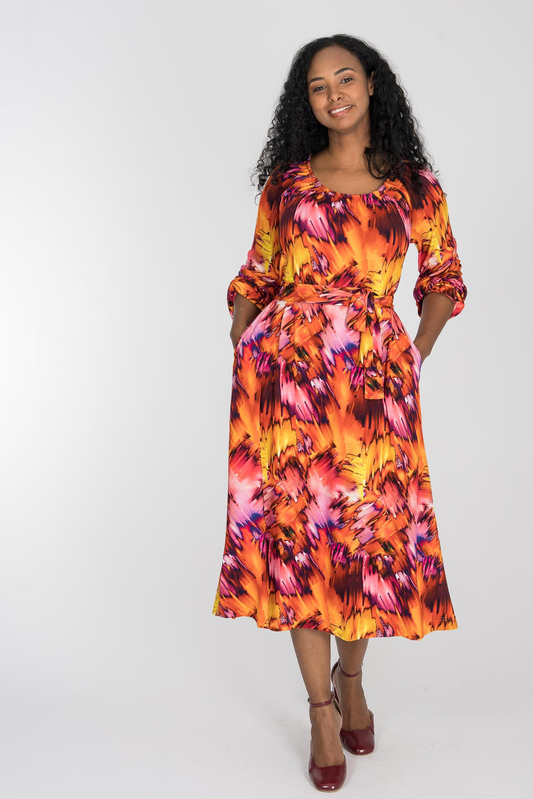 A-lined belted midi jersey dress - Pink-orange