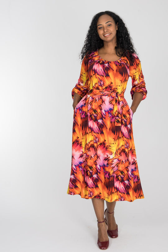 A-lined belted midi jersey dress - Pink-orange