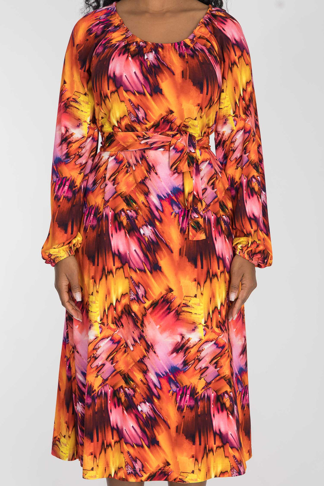 A-lined belted midi jersey dress - Pink-orange