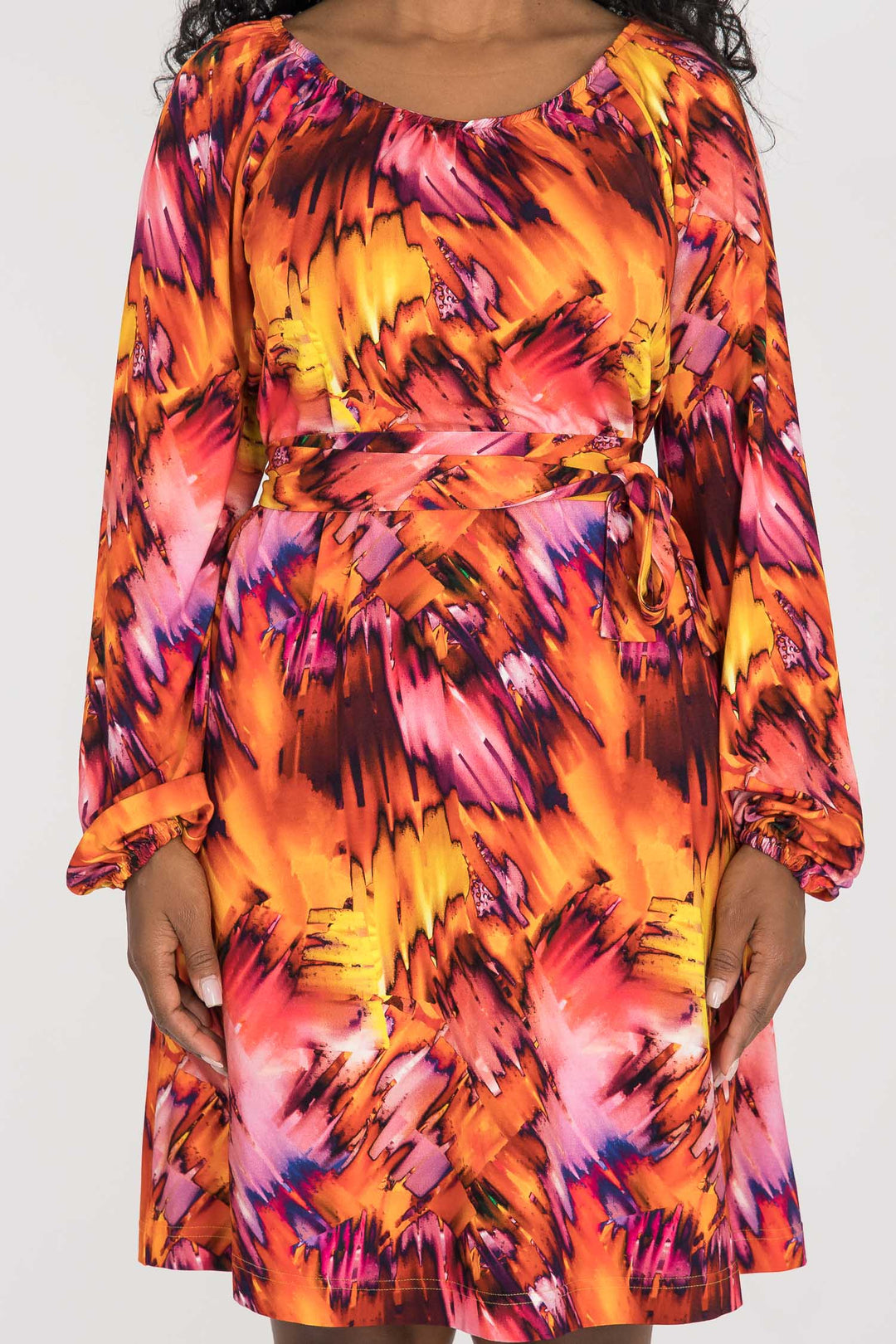 A-lined belted short jersey dress - Pink-orange