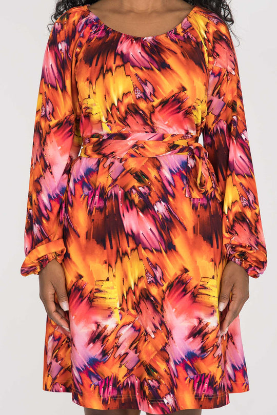 A-lined belted short jersey dress - Pink-orange