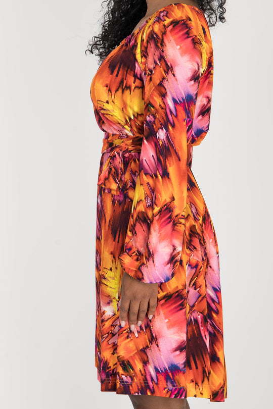 A-lined belted short jersey dress - Pink-orange